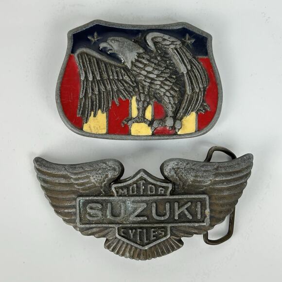 Lot of 2 Eagle Brass Buckle Suzuki Motor Cycles + Eagle Enameled Flag Patriotic - Picture 16 of 16